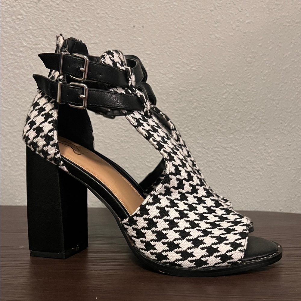 NY&C Houndstooth Peep-Toe Block Heels with Ankle Straps - Black & White - Picture 4 of 8